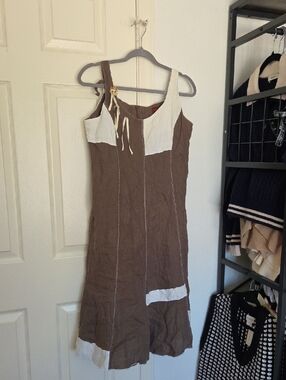 Femmes Je Vous Aime Brown and White Linen Patchwork Sundress L/XL